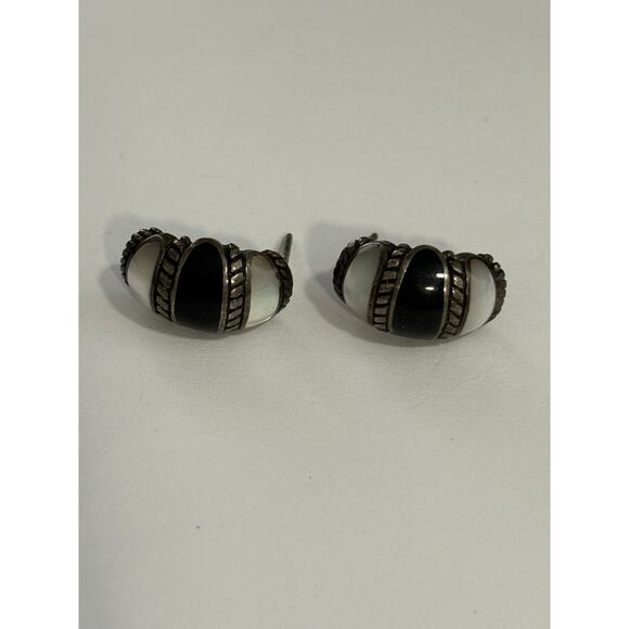 Unknown Jewelry - Vintage Sterling Silver Onyx & MOP Earrings Black White
